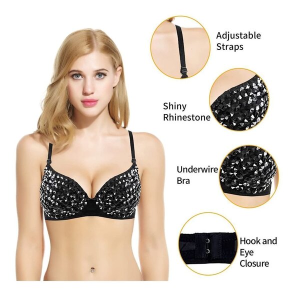 FASHION Metallic Spike Punk Goth Bra Clubwear - Blackrhinestone - Picture 6 of 6